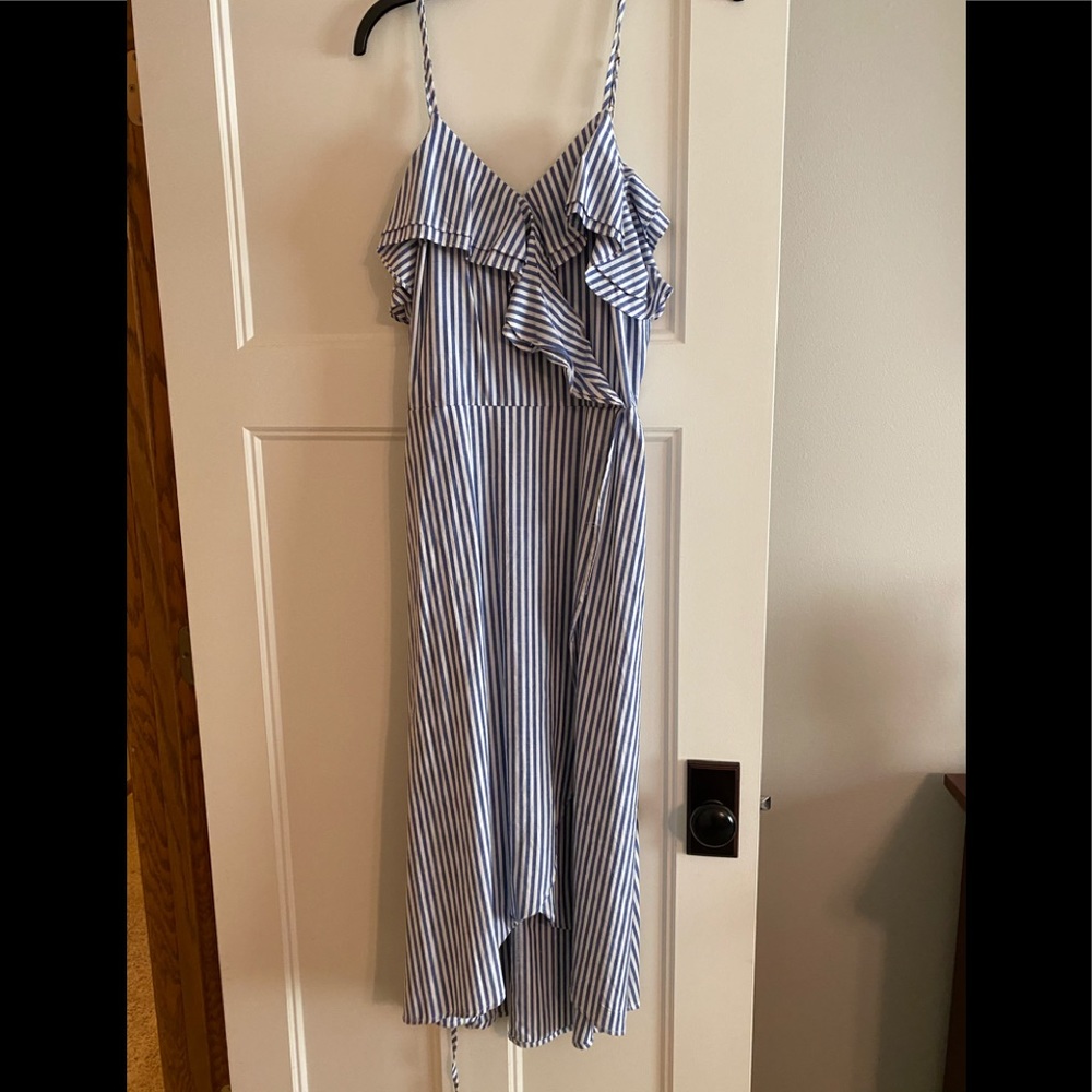 Blue and white spaghetti strap wrap dress